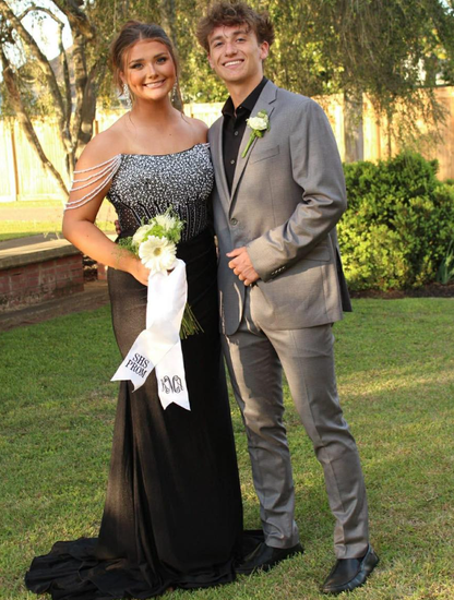 Glamorous Mermaid Off the Shoulder Beaded Black Satin Long Prom Dress Evening Dress DP6277