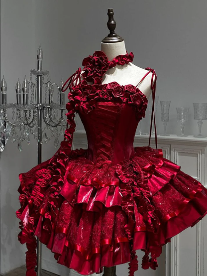 Red Roses Neckline Lolita Goth Boning Dress Sequins Tiered Ruffle Dress DP4068