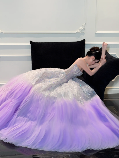Stunning Ball Strapless Sequin Purple Tulle Long Prom Dress Party Dress DP4291