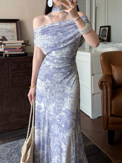 Unique Purple Mermaid Print Floral Chiffon Long Prom Dress Evening Dress DP5649