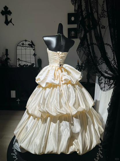 Apricot A Line Strapless Pleated Layered Satin Prom Dress Evening Dress DP6980