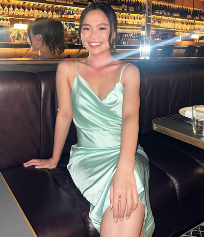 Green Simple Sheath Spaghetti Strap Satin Prom Dress Evening Dress DP1729