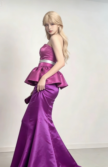 Barbie Pink Mermaid Strapless Satin Long Prom Dress Evening Dress DP3191