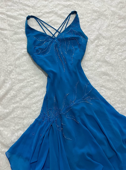 Cute Vintage A Line Spaghetti Strap Beaded Blue Chiffon Prom Dress Graduation Prom Dress DP2156