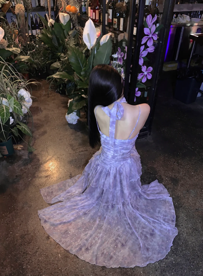 Purple A Line Straps Layered Chiffon Prom Dress Evening Dress DP5764