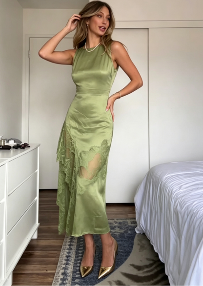 Simple Green A Line Round Neck Lace Satin Prom Dress Graduation Prom Dress DP6655