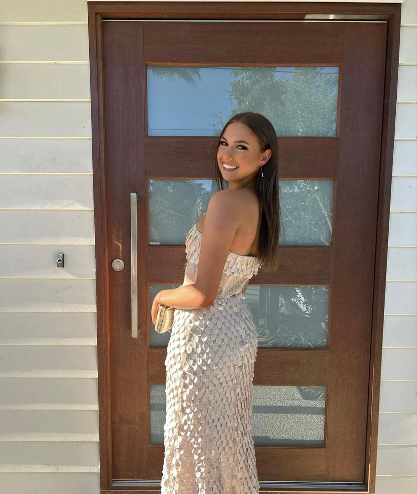 White Mermaid Strapless Sequin Prom Dress Evening Dress DP1271