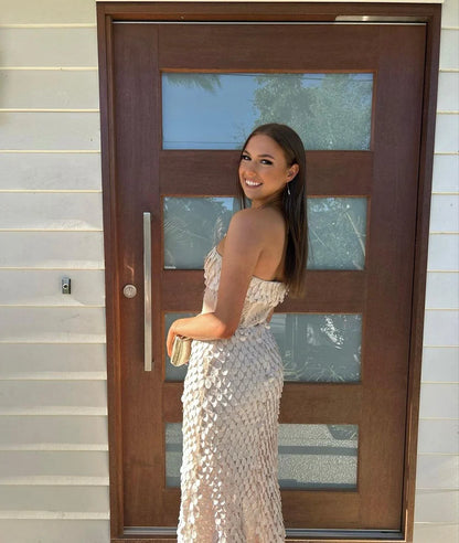 White Mermaid Strapless Sequin Prom Dress Evening Dress DP1271