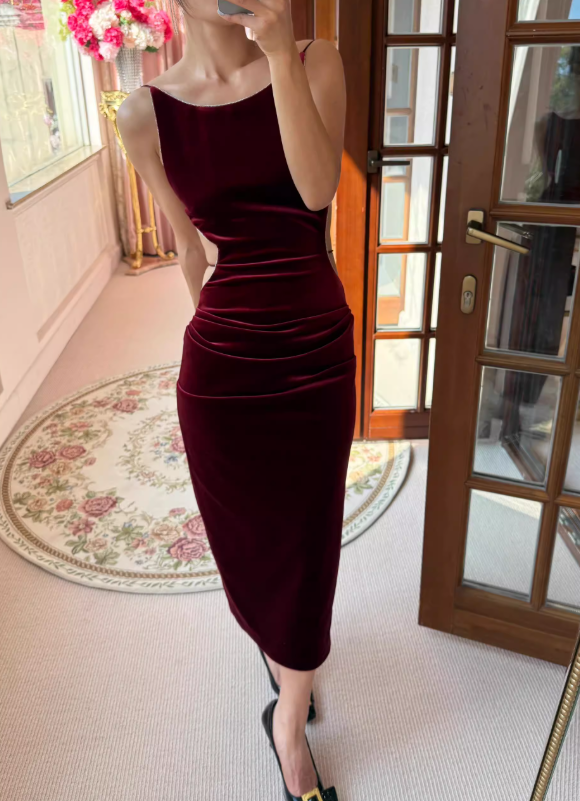 Burgundy Sheath Round Neck Velvet Open Back Prom Dress Date Dress DP4429