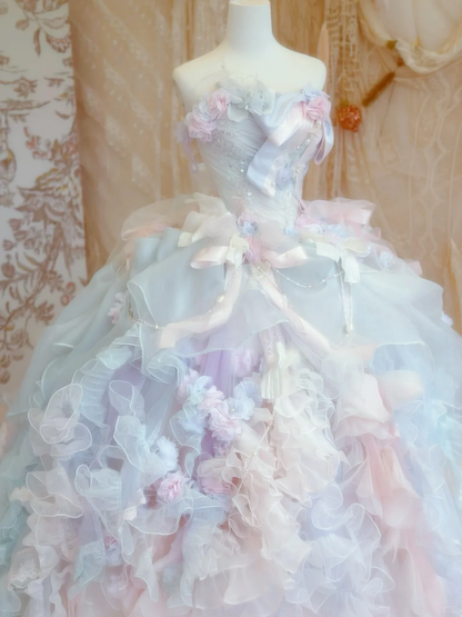 Unique Ball Gown Strapless Floral Beaded Layered Organza Prom Dress 16th Birthday Dress DP3771