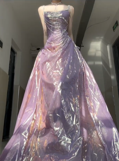 Purple Shiny A Line Spaghetti Strap Beaded Satin Prom Dress Graduation Ball Gown DP4569