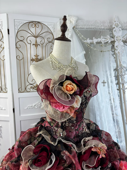 Vintage Black-Red Ball Gown Strapless 3D Floral Layered Organza Prom Dress Sweet 16 Dress DP5665