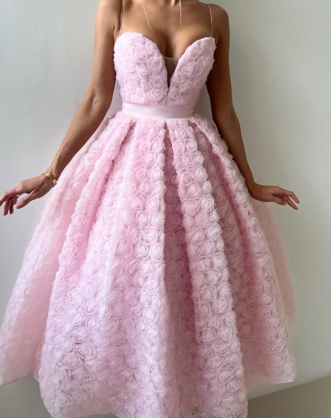 Sweety Pink A Line Sweetheart Neck 3D Floral Tulle Prom Dress Party Dress DP6121