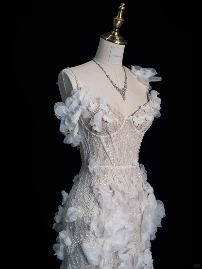 White Flower Mermaid Spaghetti Strap Beaded Tulle Long Prom Dress Formal Dress DP3239