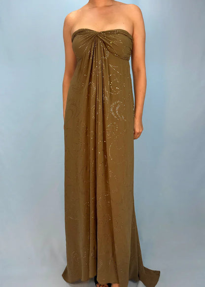 Brown A Line Sweetheart Neck Rhinestone Chiffon Long Prom Dress Evening Dress DP3296