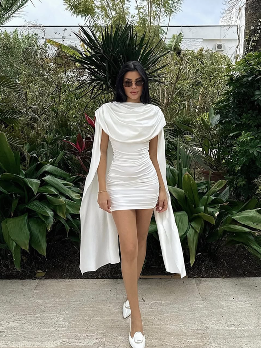 White Sexy Sheath Pleated Satin Short Homecoming Dress Cocktail Dress with Cape DP3197