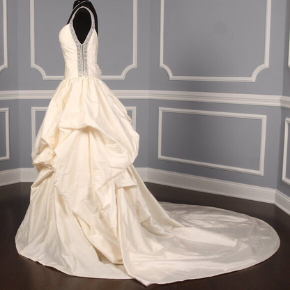 A Line V Neck Ivory White Satin Ball Gown Evening Dress Wedding Dress DP1335
