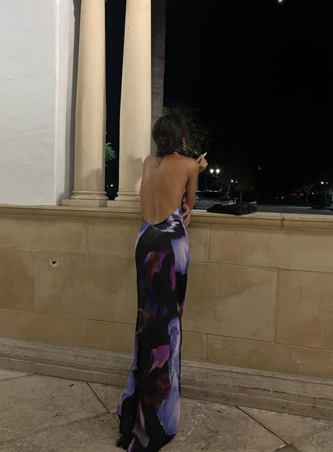 Sexy Sheath Halter Purple Print Floral Chiffon Long Prom Dress Evening Dress DP3827