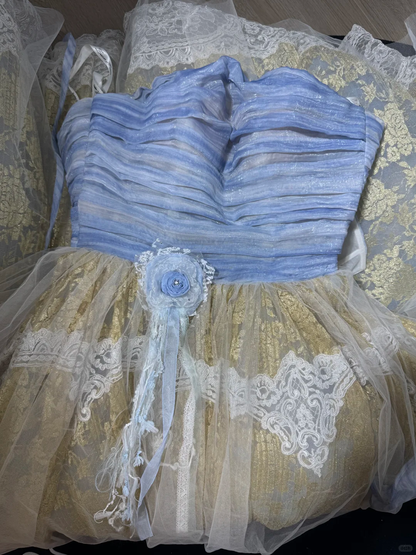 Vintage Ball Gown Strapless Blue Tulle White Lace Prom Dress Evening Dress DP6986