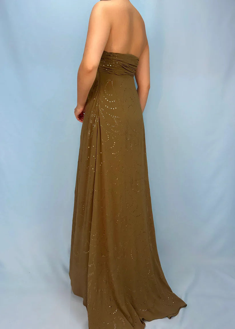 Brown A Line Sweetheart Neck Rhinestone Chiffon Long Prom Dress Evening Dress DP3296