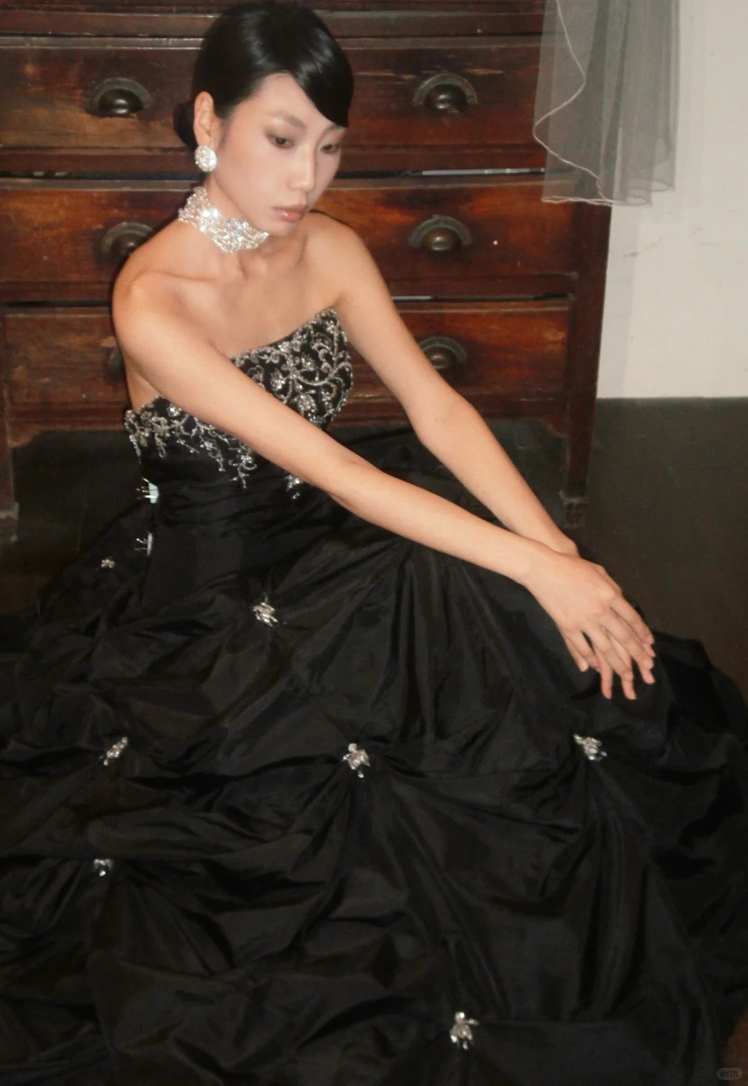 Vintage Ball Gown Strapless Beaded Black Satin  Prom Dress Evening Dress DP5143