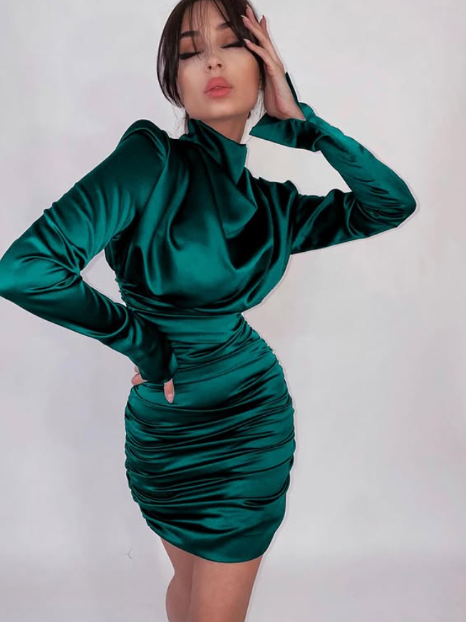 Sexy Burgundy Sheath Long Sleeve Pleated Satin Short Homecoming Dress Cocktail Dress DP3857