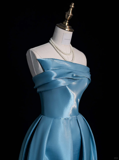 Cute A Line Strapless Blue Satin Party Dress Prom Graduation Prom Dress DP1988
