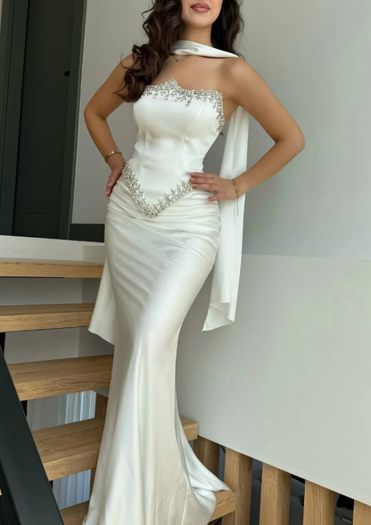 White Sheath Strapless Exquisite Beaded Satin Prom Dress Evening Dress DP5030