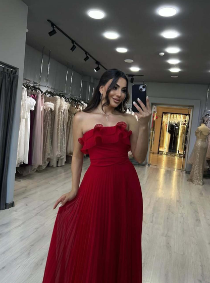 Charming Red A Line Strapless Chiffon Long Prom Dress Wedding Guest Dress DP4322
