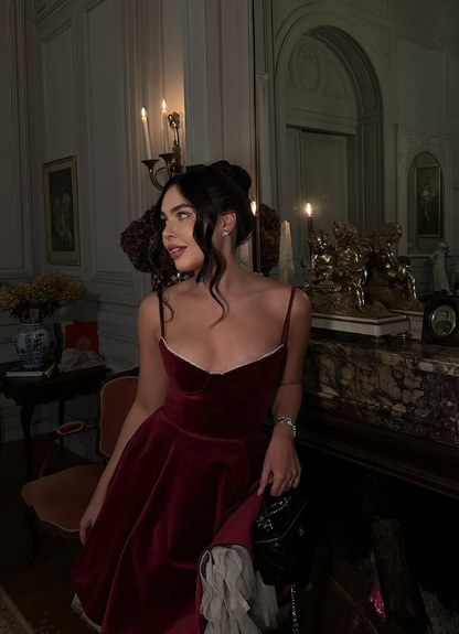 Burgundy A Line Spaghetti Straps Velvet Short Homecoming Dress Evening Dress DP1287