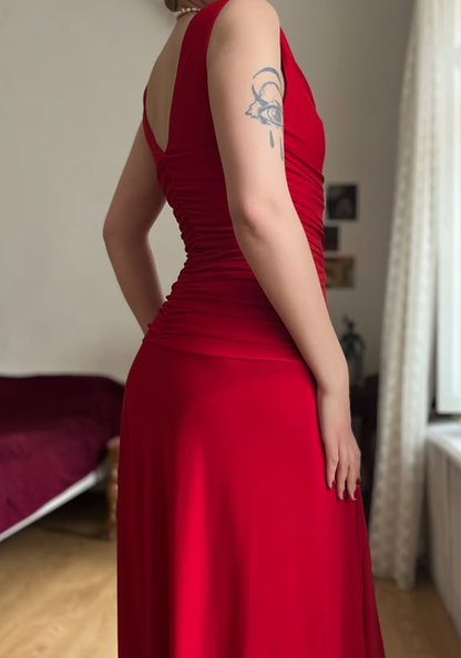 Simple Red A Line Pleated Satin Prom Dress Evening Dress Date Dress DP5709