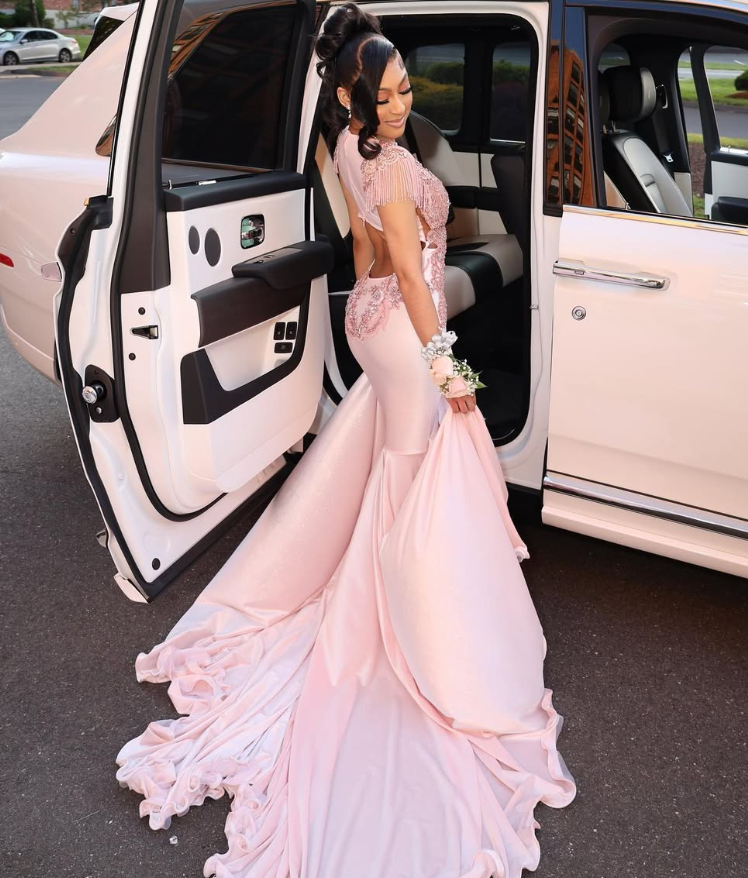 Gorgeous Mermaid V Neck Beaded Pink Satin Long Sweep Prom Dress Evening Dress DP1691