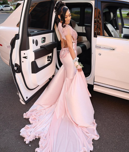 Gorgeous Mermaid V Neck Beaded Pink Satin Long Sweep Prom Dress Evening Dress DP1691