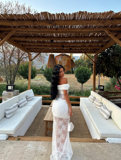 Sexy White Sheath Off the Shoulder Lace Satin Prom Dress Party Dress DP8202