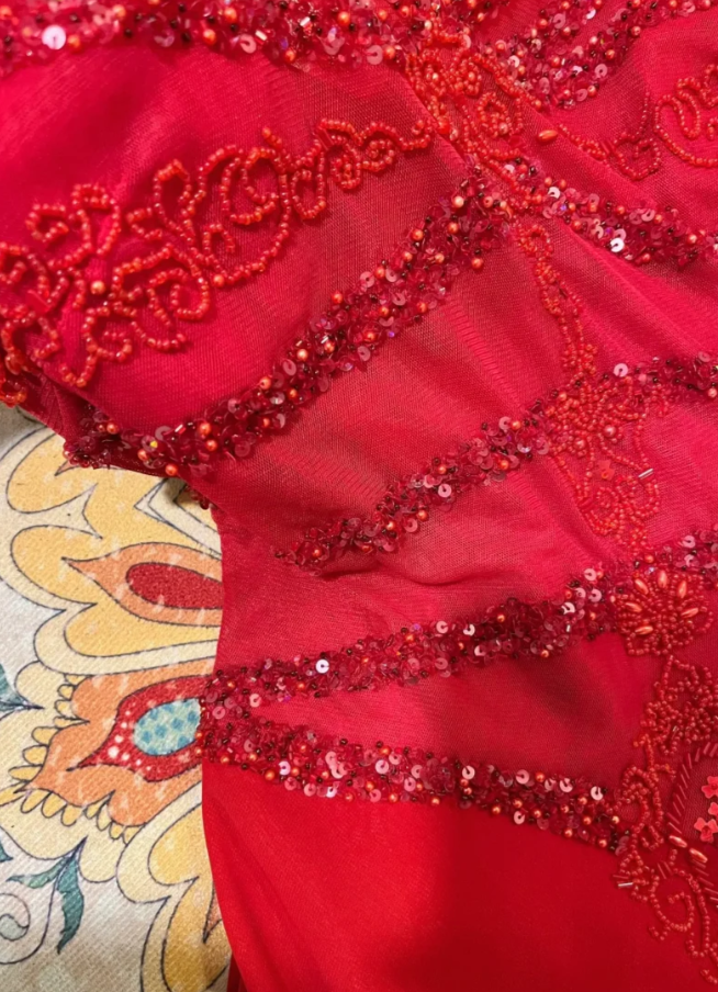 Charming A Line Spaghetti Strap Beaded Red Chiffon Long Prom Dress Wedding Guest Dress DP4277