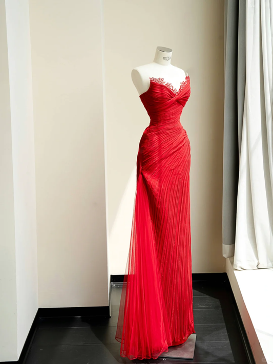 Sexy A Line Sweetheart Neck Red Lace Pleated Tulle Long Party Dress Evening Dress DP2407