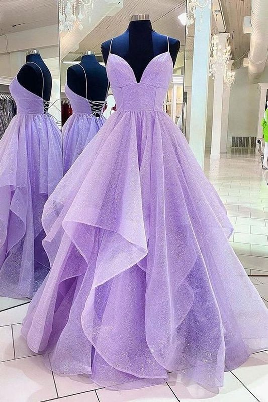 Purple Deep V-Neck Layered Tulle Prom Dress Evening Dress DP279