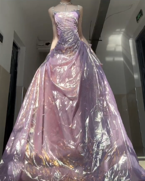 Purple Shiny A Line Spaghetti Strap Beaded Satin Prom Dress Graduation Ball Gown DP4569