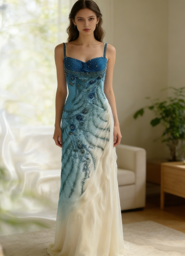 Exquisite Retro Blue Ombre Beaded Flower Chiffon Long Party Dress Date Dress DP2933