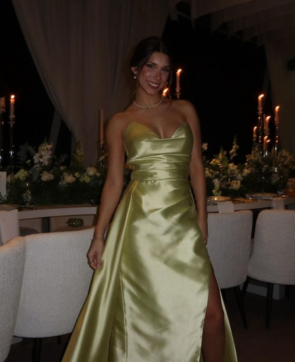 Charming Yellow A Line Strapless Satin Slit Long Prom Dress Evening Dress DP6772
