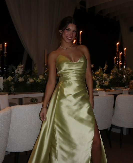 Charming Yellow A Line Strapless Satin Slit Long Prom Dress Evening Dress DP6772