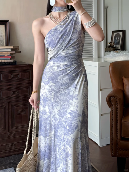 Unique Purple Mermaid Print Floral Chiffon Long Prom Dress Evening Dress DP5649