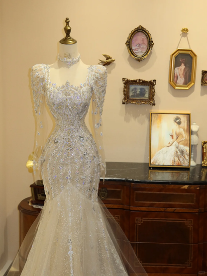 Luxurious Mermaid Long Sleeve Sequin Tulle Long Prom Dress Wedding Dress DP6993