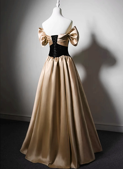 Champagne Satin Velvet Long Party Dress Off Shoulder Prom Dress DP651