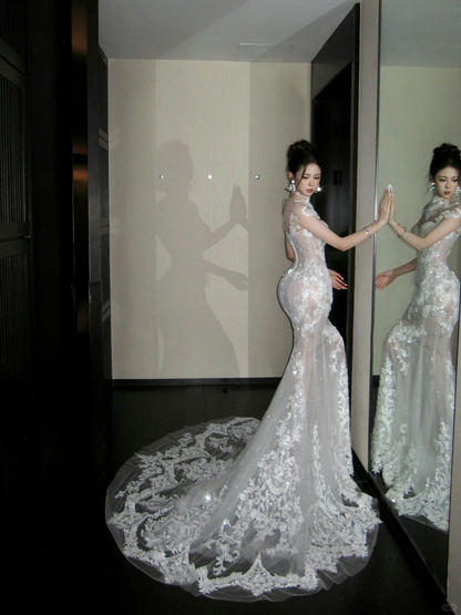 Dreamy White Mermaid Beaded Lace Tulle Long Prom Dress Evening Dress DP5385