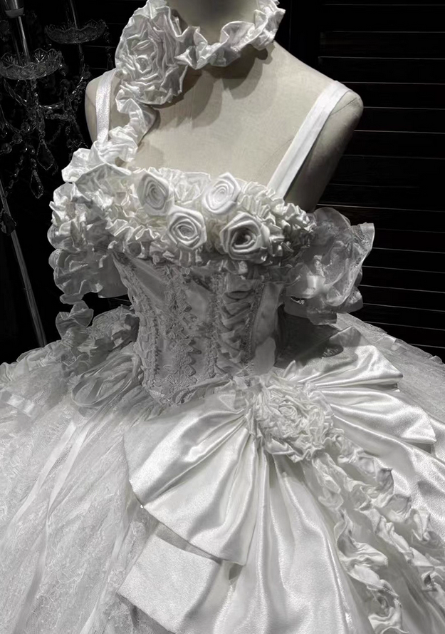White Rose Ball Gown Off the Shoulder Lace Tulle Lolita Goth Boning Dress Prom Dress DP4508