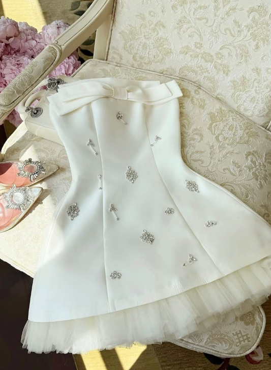 White A Line Strapless Bow Rhinestone Tulle Satin Short Homecoming Dress Cocktail Dress DP3947