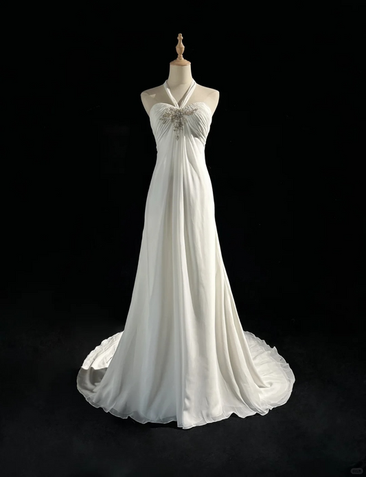 Vintage Gentle A Line Halter Beaded White Chiffon Long Prom Dress Party Dress DP2766