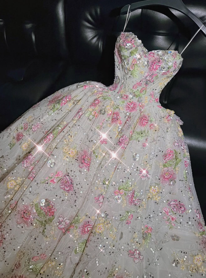 Pink Exquisite Embroidery Ball Gown Sweetheart Neck Tulle Prom Dress Quinceanera Dress DP6608