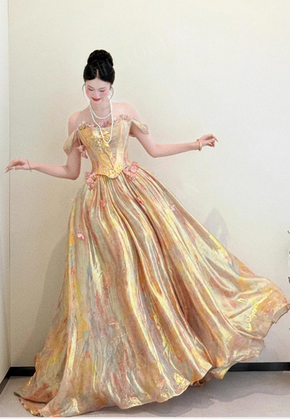 Stunning Ball Gown Off the Shoulder Floral Golden Satin Prom Dress 16th Birthday Dress DP3566